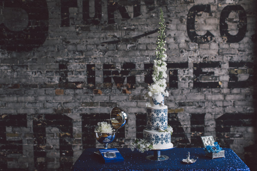 Blue white and silver wedding details