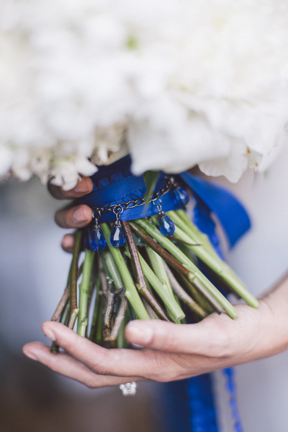 royal blue ribbon on bride's bouquet