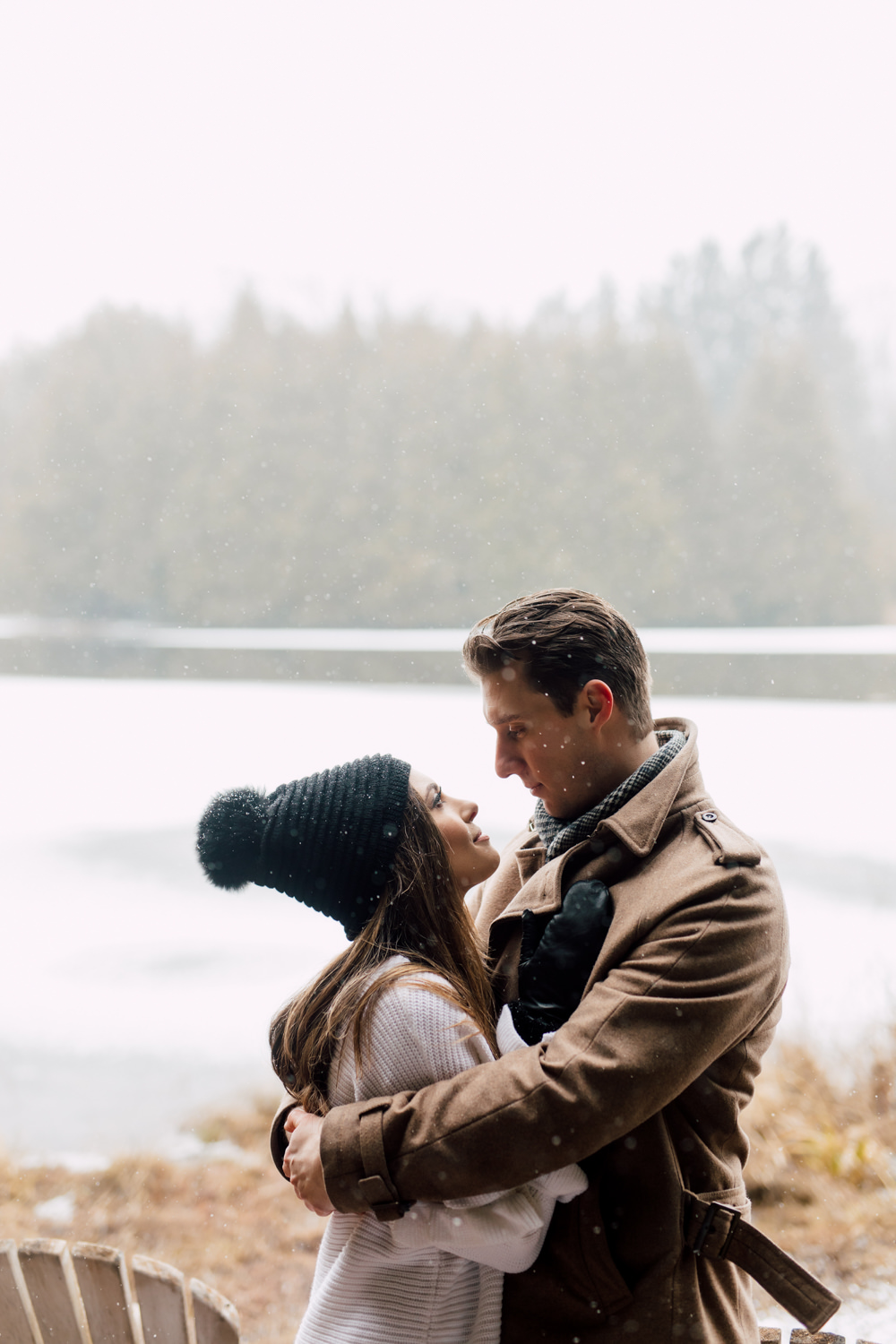 winter engagement by the lake