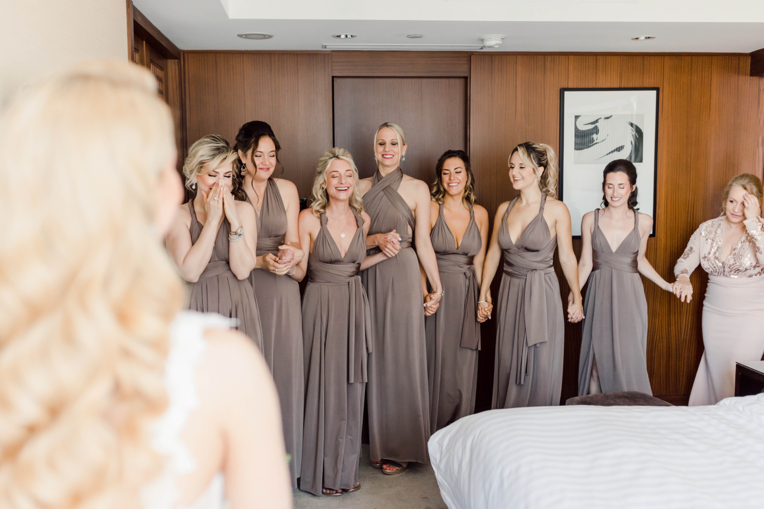 Bride first look with Bridemaids at the Shangri-La Hotel