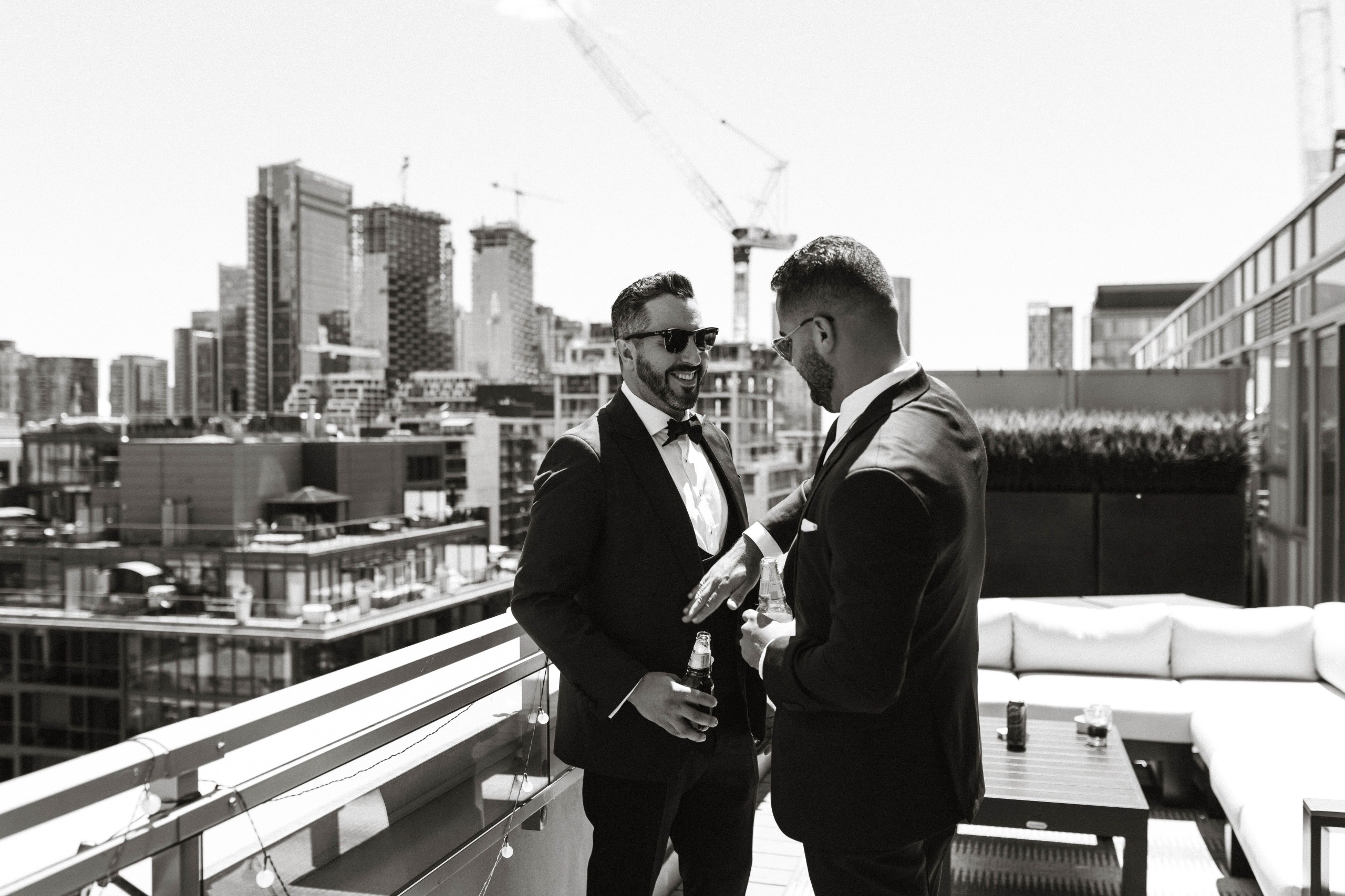 Groom portrait with Groomsmen in front of the Toronto City Landscape