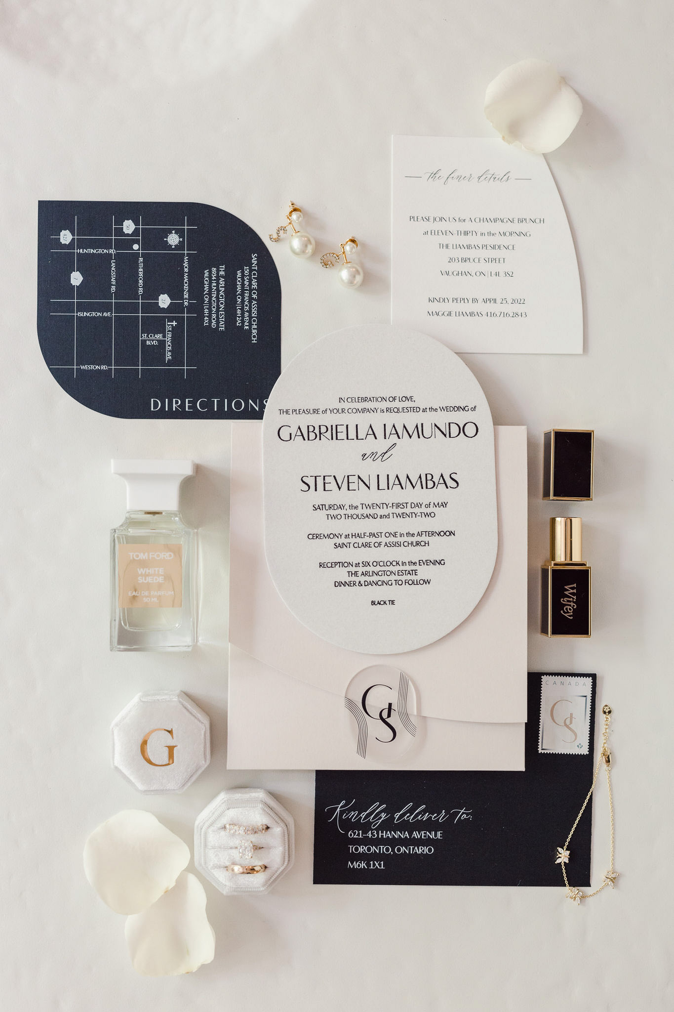 Black and white wedding invitations and accessories.